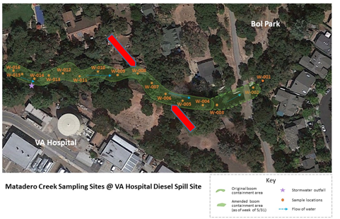 Matadero Creek Sampling sites at VA Hospital Diesel Spill Site