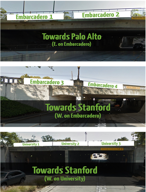 Collage of banner locations on the Embarcadero and University Avenue overpasses