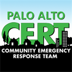 palo alto community emergency response team, blue sky above a dark city scape of house and building shapes