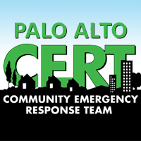 palo alto cert logo, blue sky above a dark cityscape with shapes of houses and buildings